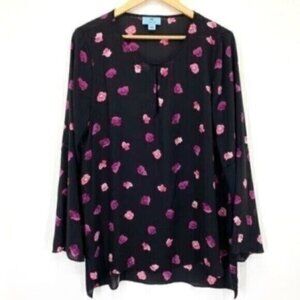 Cece Long Tunic Blouse Sheer Black Floral Pansy Top